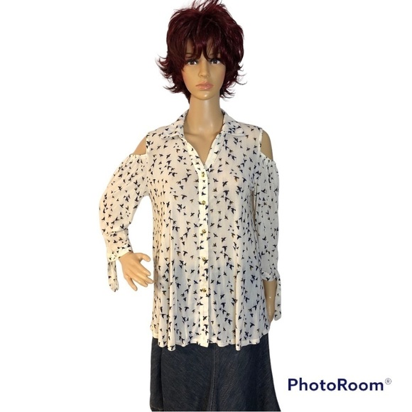 EMBER COLD SHOULDER BIRD PRINT BLOUSE - Picture 1 of 6